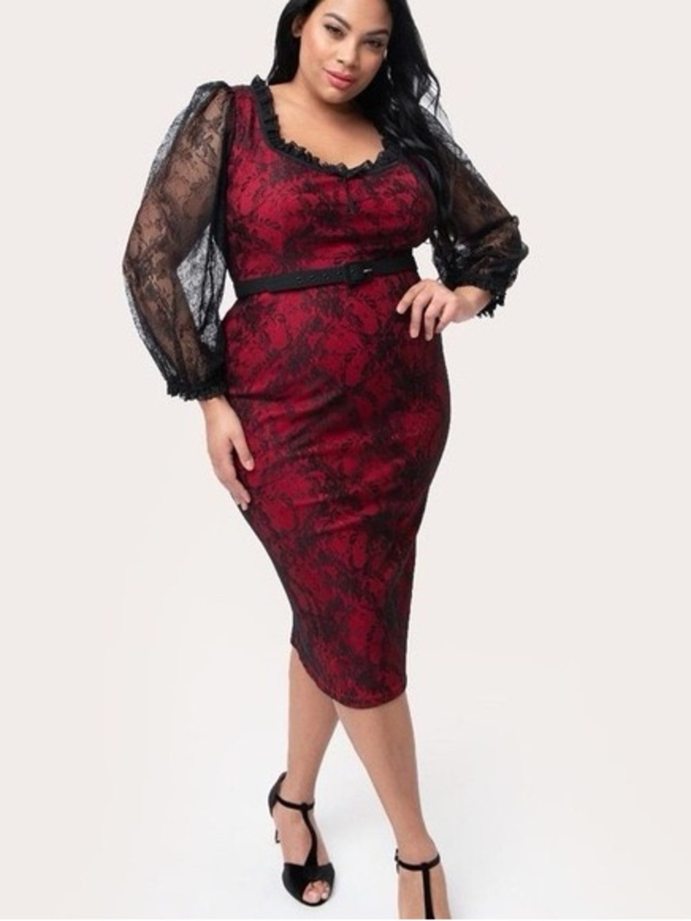 Vixen By Micheline Pitt Red Decadence Lace Dress with Black Lace Sleeves & Belt